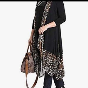 Black Vest Leopard Trim 41” Long with pockets